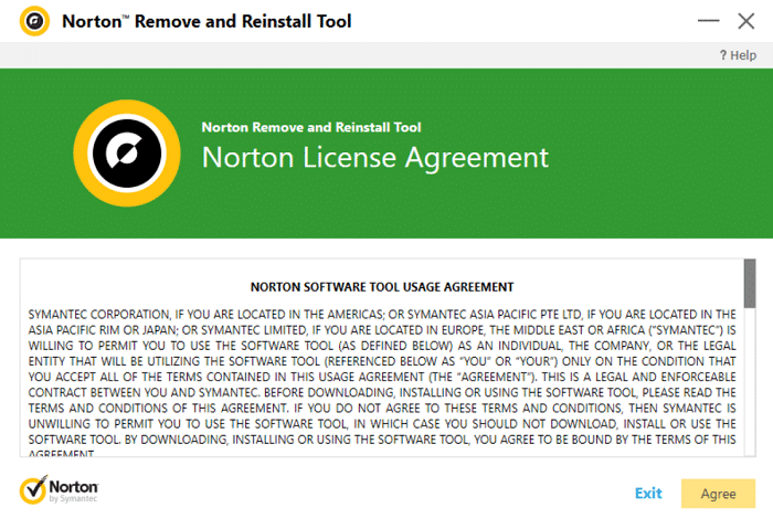 Acepte el Acuerdo de licencia final (EULA) en la herramienta de eliminación y reinstalación de Norton