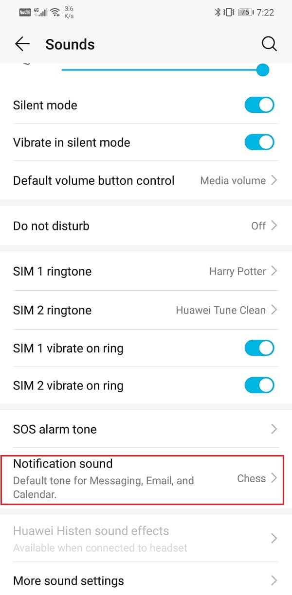 Desplácese hacia abajo y toque la opción Sonido de notificación |  Establecer tono de llamada de mensaje de texto personalizado en Android