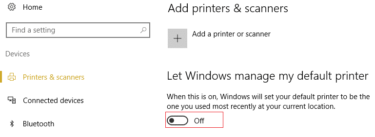 Deshabilite la opción en Permitir que Windows administre la configuración predeterminada de mi impresora
