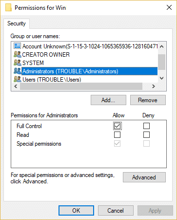 Marque Control total para administradores en la clave de Windows