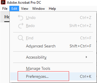 En Adobe Acrobat Reader, haga clic en Editar y luego en Preferencias |  El archivo de reparación está dañado y no se pudo reparar