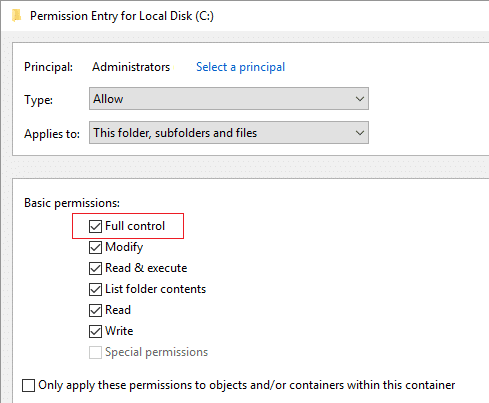 Marque Control total para permisos de administrador