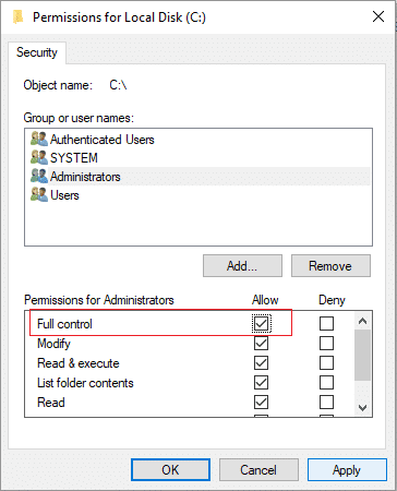 Marque Control total para administradores en Configuración de seguridad para la unidad local