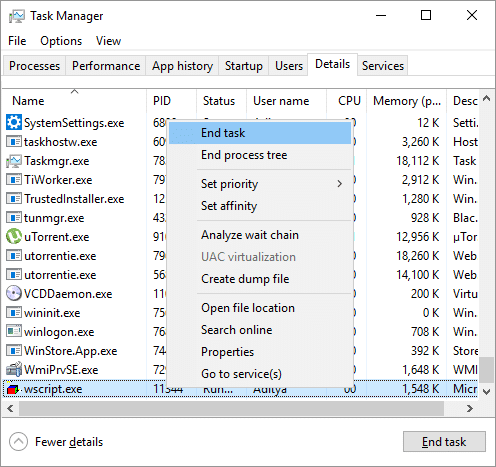 Haga clic derecho en wscript.exe y seleccione Finalizar proceso