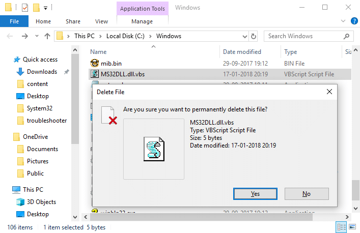 Eliminar permanentemente MS32DLL.dll.vbs de la carpeta de Windows