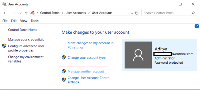 En el Panel de control, haga clic en Cuentas de usuario y luego haga clic en Administrar otra cuenta