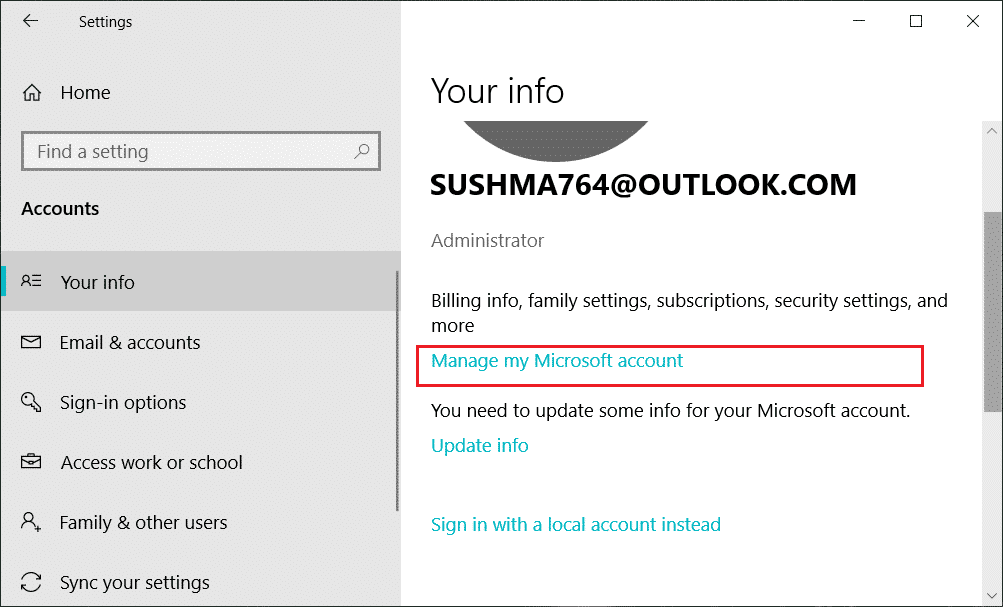 Seleccione Su información y luego haga clic en Administrar mi cuenta de Microsoft