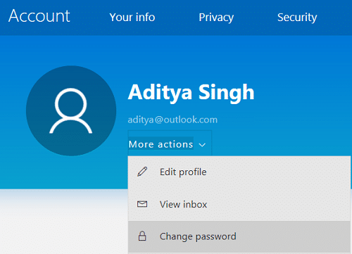 Haga clic en Más acciones y luego seleccione Cambiar contraseña |  Cómo cambiar la contraseña de su cuenta en Windows 10