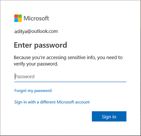 Es posible que deba verificar la contraseña de su cuenta escribiendo la contraseña de la cuenta de Microsoft