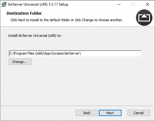 Elija la ubicación de instalación de Airserver y haga clic en siguiente