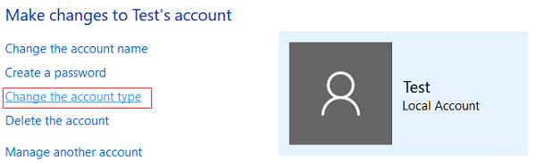 Haga clic en Cambiar el tipo de cuenta en el Panel de control