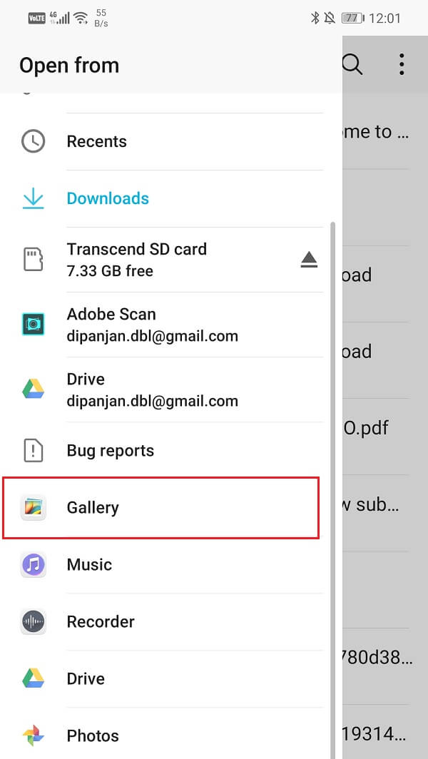 Seleccione la opción Galería |  Enviar imagen por correo electrónico o mensaje de texto en Android