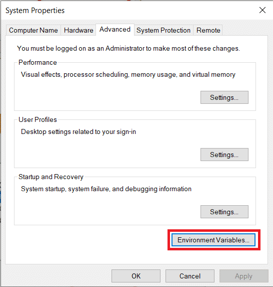 Haga clic en 'Variables ambientales...' en la parte inferior derecha del cuadro de diálogo de propiedades avanzadas del sistema