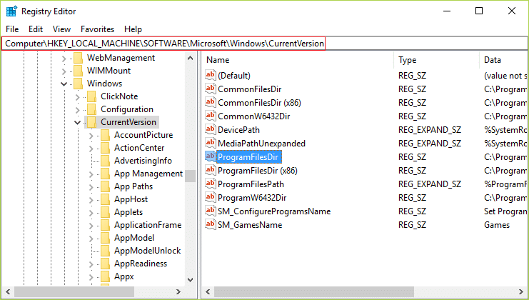 haga doble clic en ProgramFileDir para cambiar el directorio de instalación predeterminado en Windows 10