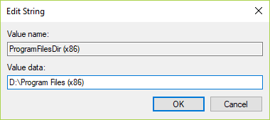 Si tiene una versión de Windows de 64 bits, también debe cambiar la ruta en DWORD ProgramFilesDir (x86) en la misma ubicación |  Cómo cambiar el directorio de instalación predeterminado en Windows 10