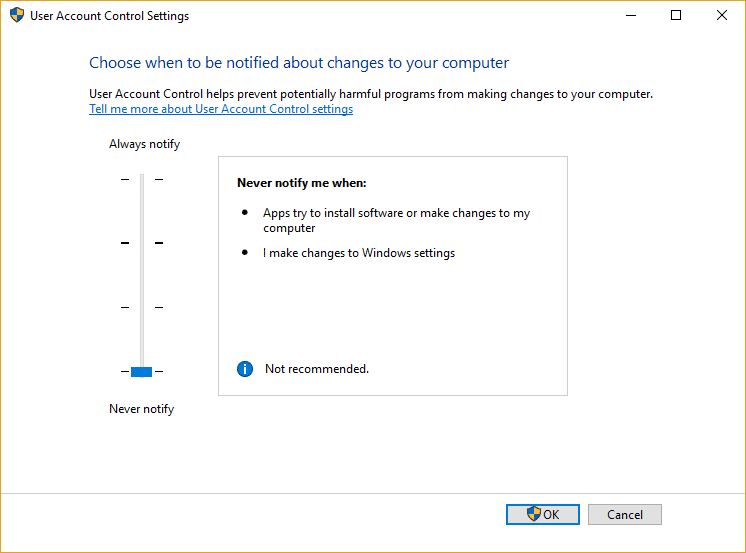 Arrastre el control deslizante para UAC hasta el final hacia abajo, que es Nunca notificar