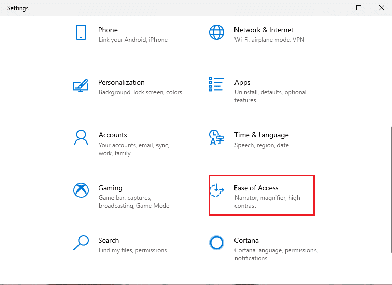 vaya a la sección 'Facilidad de acceso' de la lista de opciones |  Cómo cambiar el puntero del mouse en Windows 10