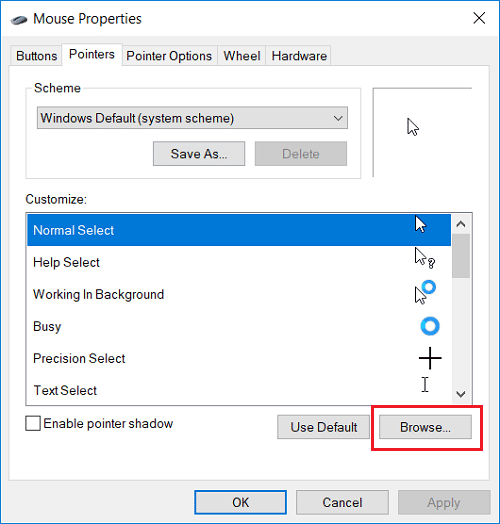 Así que seleccione el cursor deseado de la lista y luego haga clic en Examinar |  Cómo cambiar el puntero del mouse en Windows 10