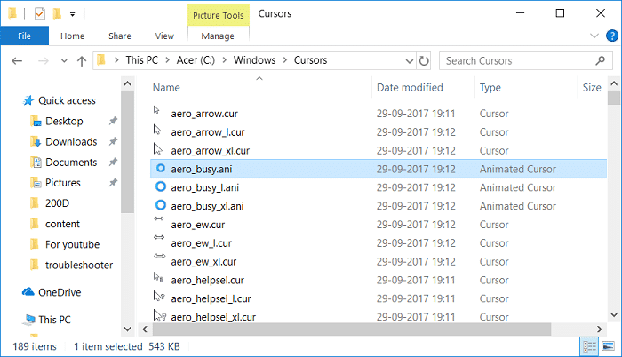 Extraiga los archivos de puntero descargados a la carpeta Cursores dentro de Windows