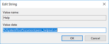 Haga doble clic en cualquiera de las cadenas expandibles anteriores y luego escriba la ruta completa del archivo .ani o .cur |  Cómo cambiar el puntero del mouse en Windows 10
