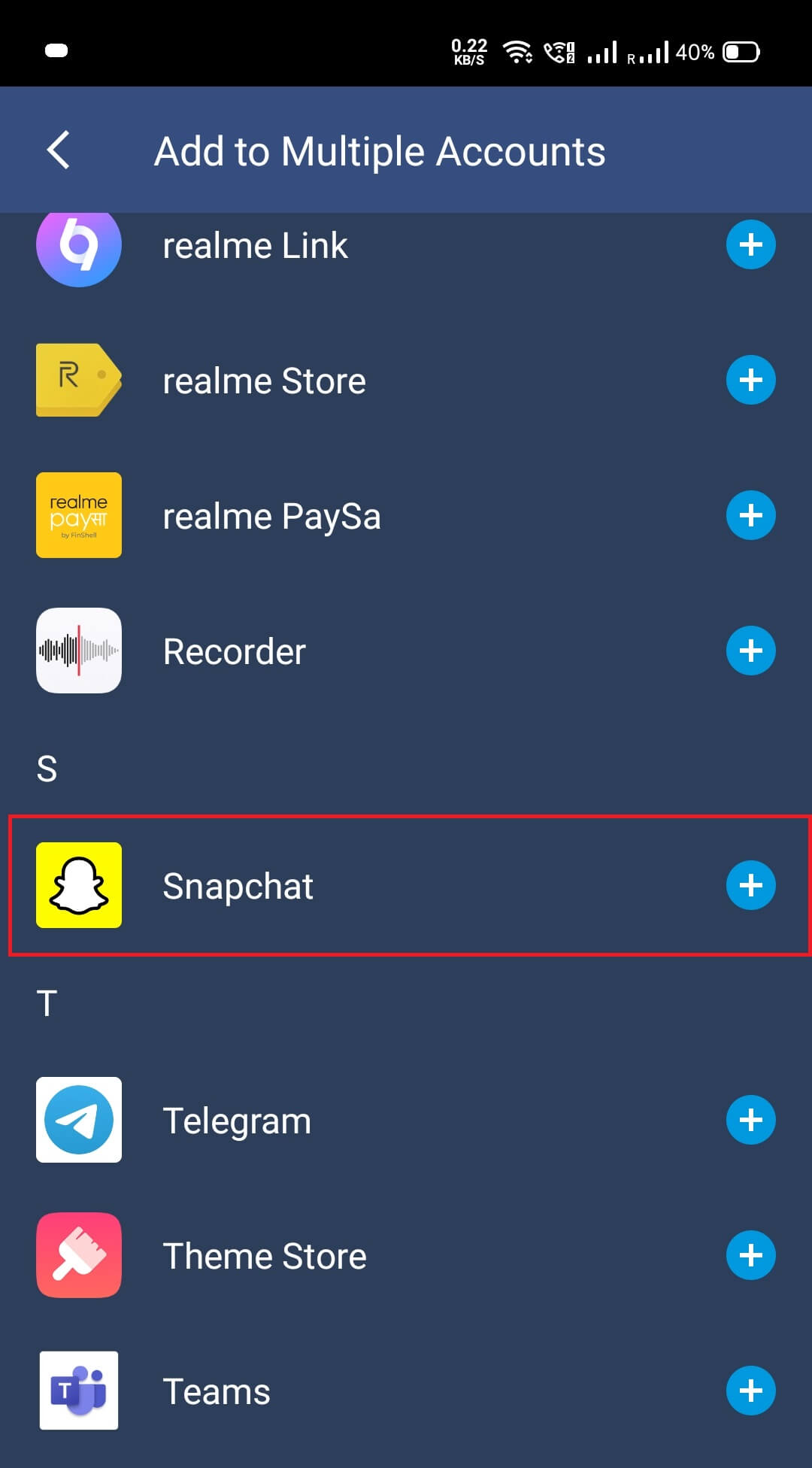 Desplácese y busque Snapchat en las opciones dadas.  Tócalo.  |  Ejecute dos cuentas de Snapchat en un Android