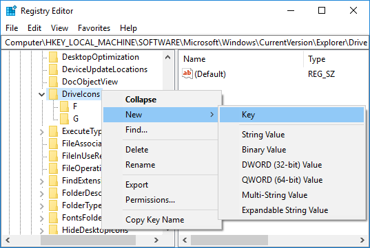 Haga clic con el botón derecho en la clave DriveIcons, luego seleccione Nuevo y luego Clave