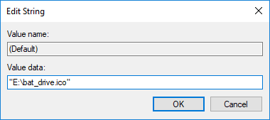 En el campo de datos de valor, escriba la ruta completa del archivo del icono entre comillas y haga clic en Aceptar