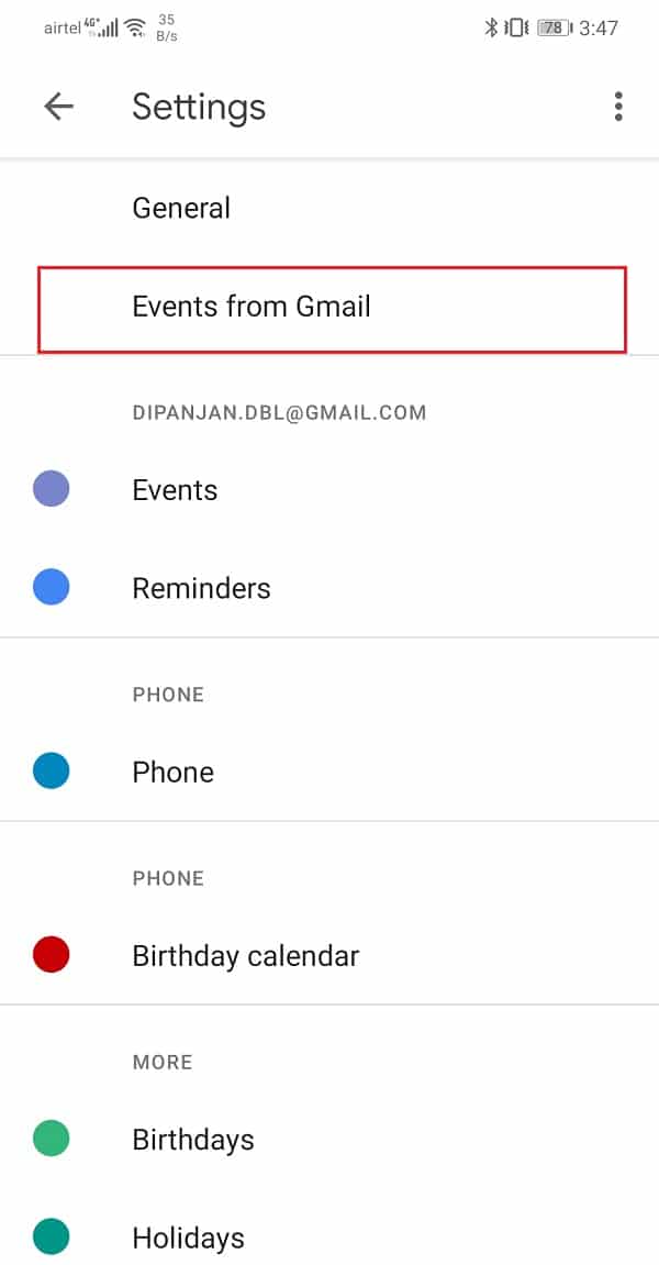 Haga clic en los eventos de Gmail |  Restaurar eventos faltantes de Google Calendar en Android