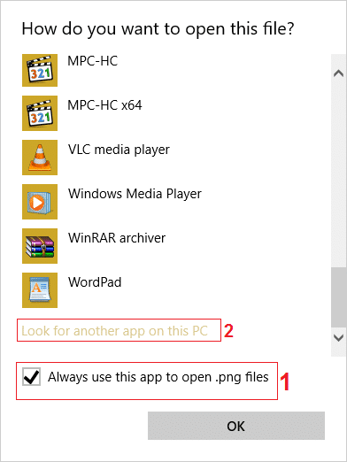 primero marque Usar siempre esta aplicación para abrir archivos .png y luego haga clic en Buscar otra aplicación en esta PC