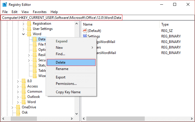 Haga clic con el botón derecho en la clave de datos que aparece en Word o Excel y seleccione Eliminar