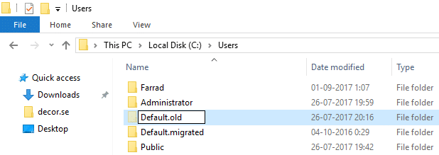Inicie sesión en la PC que tiene problemas y luego, en C:Users, cambie el nombre de la carpeta predeterminada a Default.old.