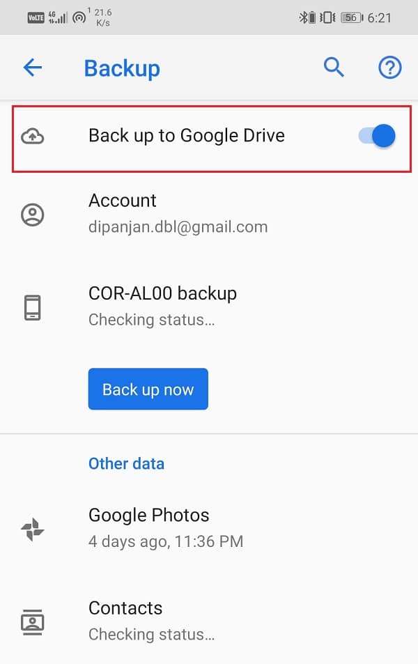 El interruptor junto a Copia de seguridad en Google Drive está activado