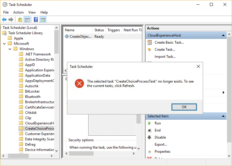 Arreglar La tarea seleccionada CreateChoiseProcessTask ya no existe