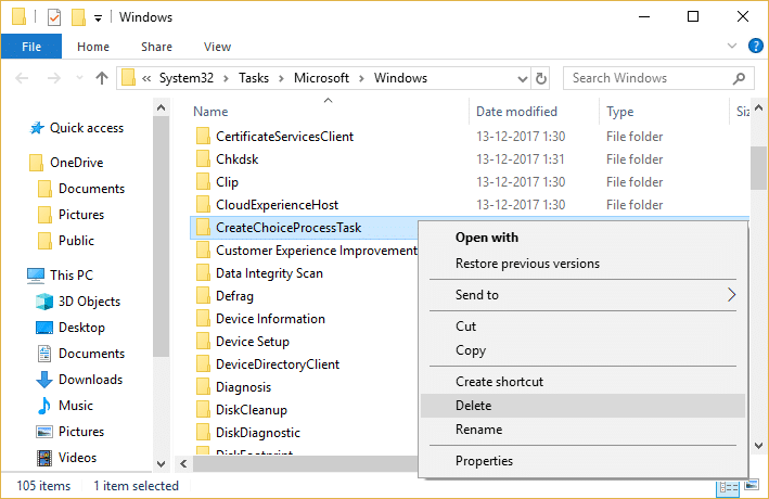 Eliminar CreateChoiceProcessTask de la carpeta de Windows
