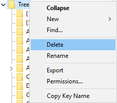 Haga clic con el botón derecho en la clave de registro del árbol y seleccione Eliminar