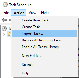 Desde el menú del Programador de tareas, haga clic en Acción y luego seleccione Importar tarea
