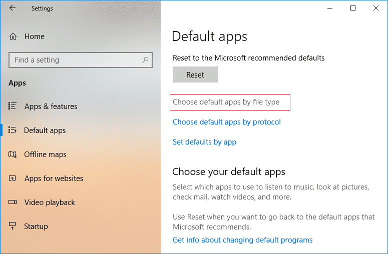 Debajo del botón Restablecer, haga clic en Elegir aplicaciones predeterminadas por tipo de archivo enlace |  Cómo cambiar los programas predeterminados en Windows 10