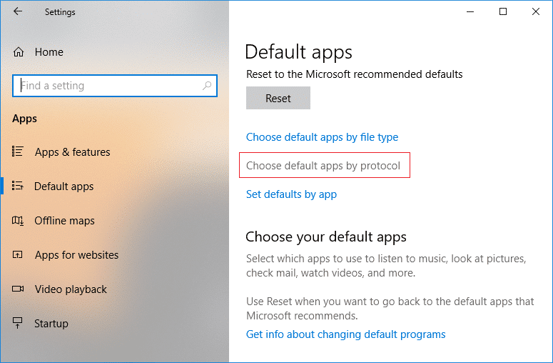 Debajo del botón Restablecer, haga clic en Elegir aplicaciones predeterminadas por enlace de protocolo de archivo