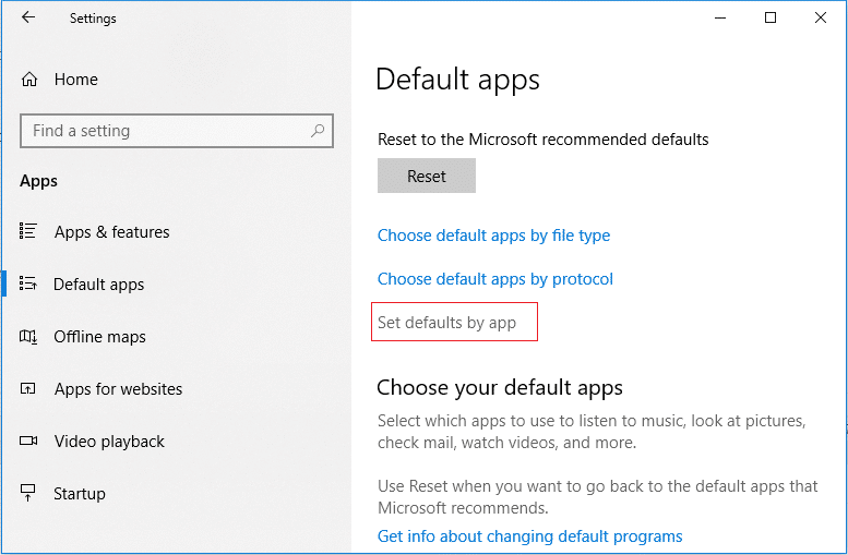 Debajo del botón Restablecer, haga clic en Establecer valores predeterminados por enlace de la aplicación |  Cómo cambiar los programas predeterminados en Windows 10