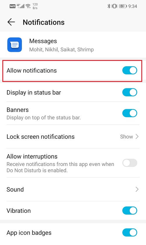 Desactive las opciones para permitir notificaciones y mostrarlas en la barra de estado