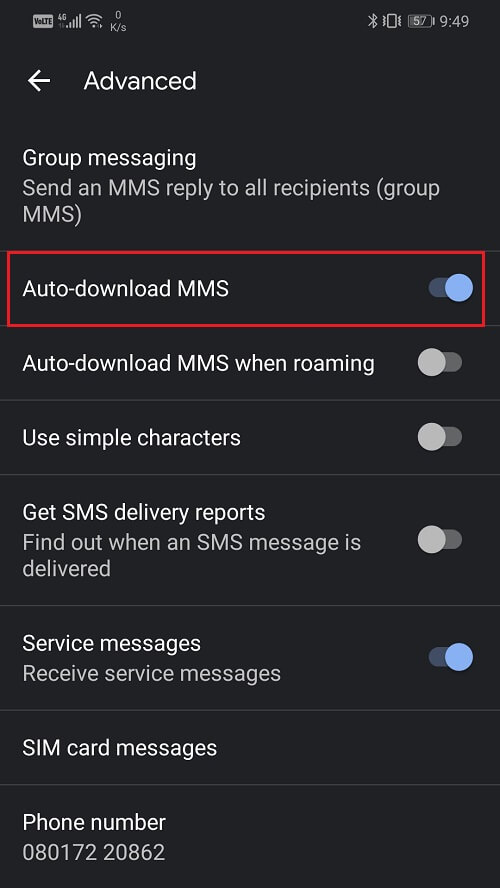 Desactivar la configuración para la descarga automática de MMS