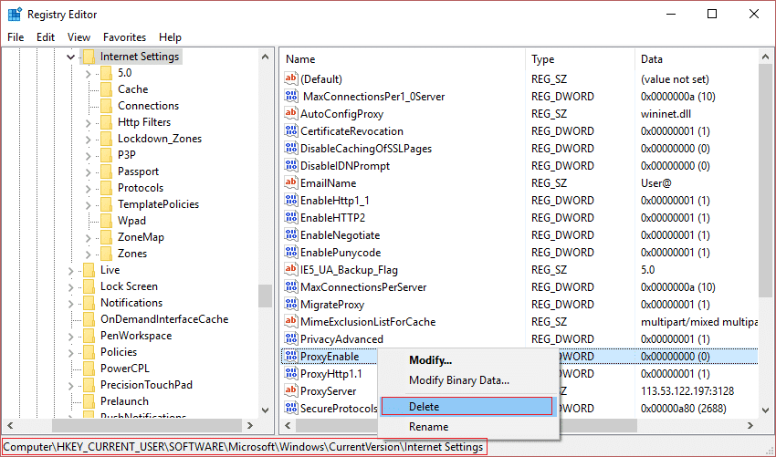 Eliminar clave ProxyEnable