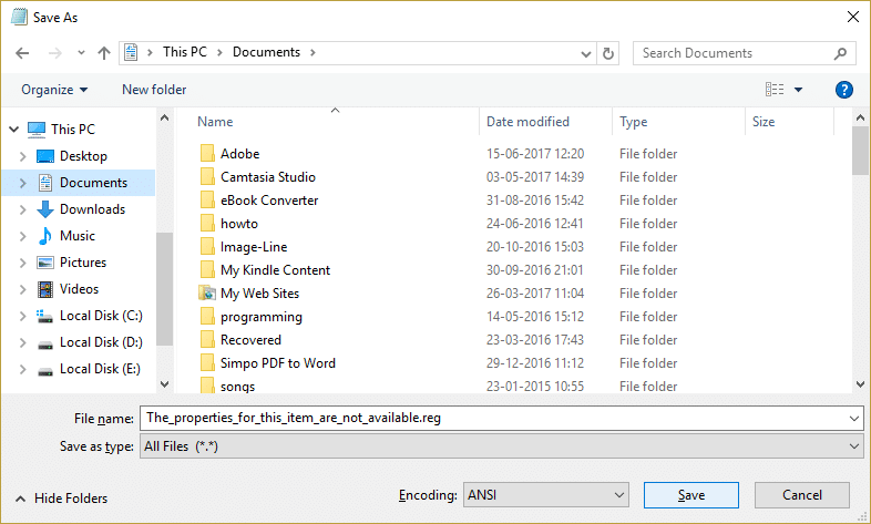 Asegúrese de seleccionar Todos los archivos de Guardar como tipo y guarde el archivo con la extensión .reg