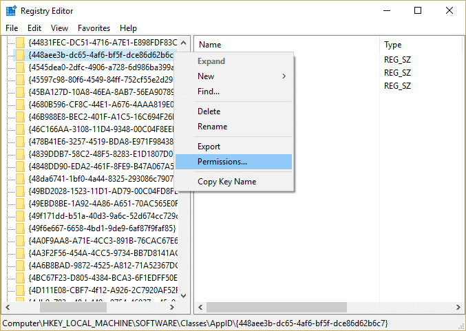 haga clic derecho en la clave de registro {448aee3b-dc65-4af6-bf5f-dce86d62b6c7} y seleccione Permisos