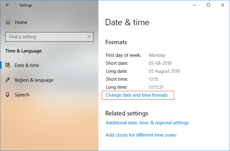 Seleccione Fecha y hora y luego en la ventana derecha haga clic en Cambiar formatos de fecha y hora