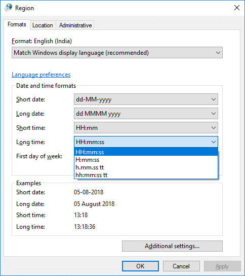 Cambiar formatos de fecha y hora en el panel de control