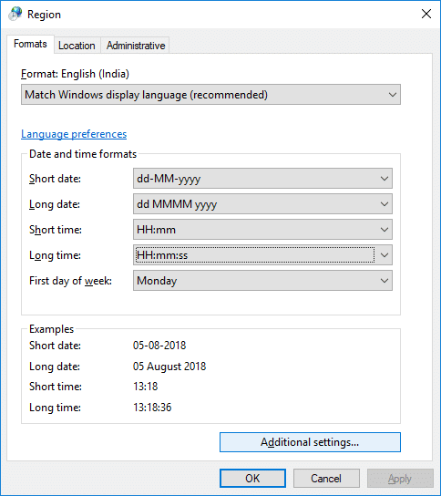Para agregar un formato personalizado, haga clic en Configuración adicional |  Cómo cambiar los formatos de fecha y hora en Windows 10