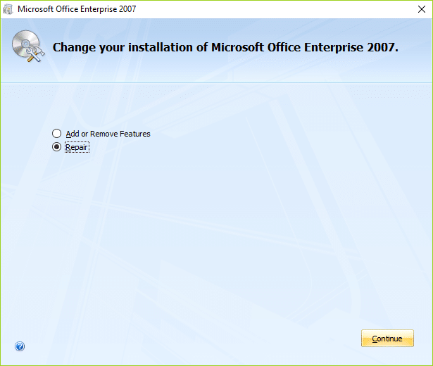 Seleccione la opción Reparar para reparar Microsoft Office