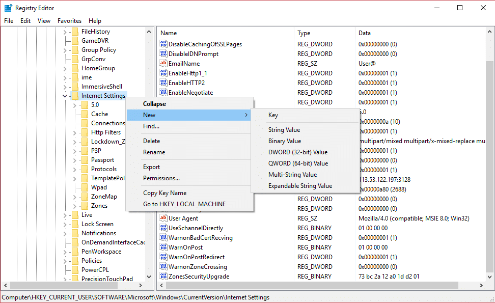 configuración de internet nuevo valor dword