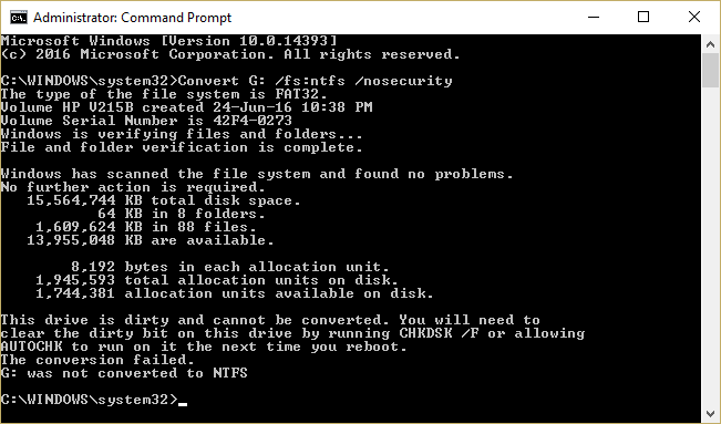 Conversión fallida de FAT32 a NTFS